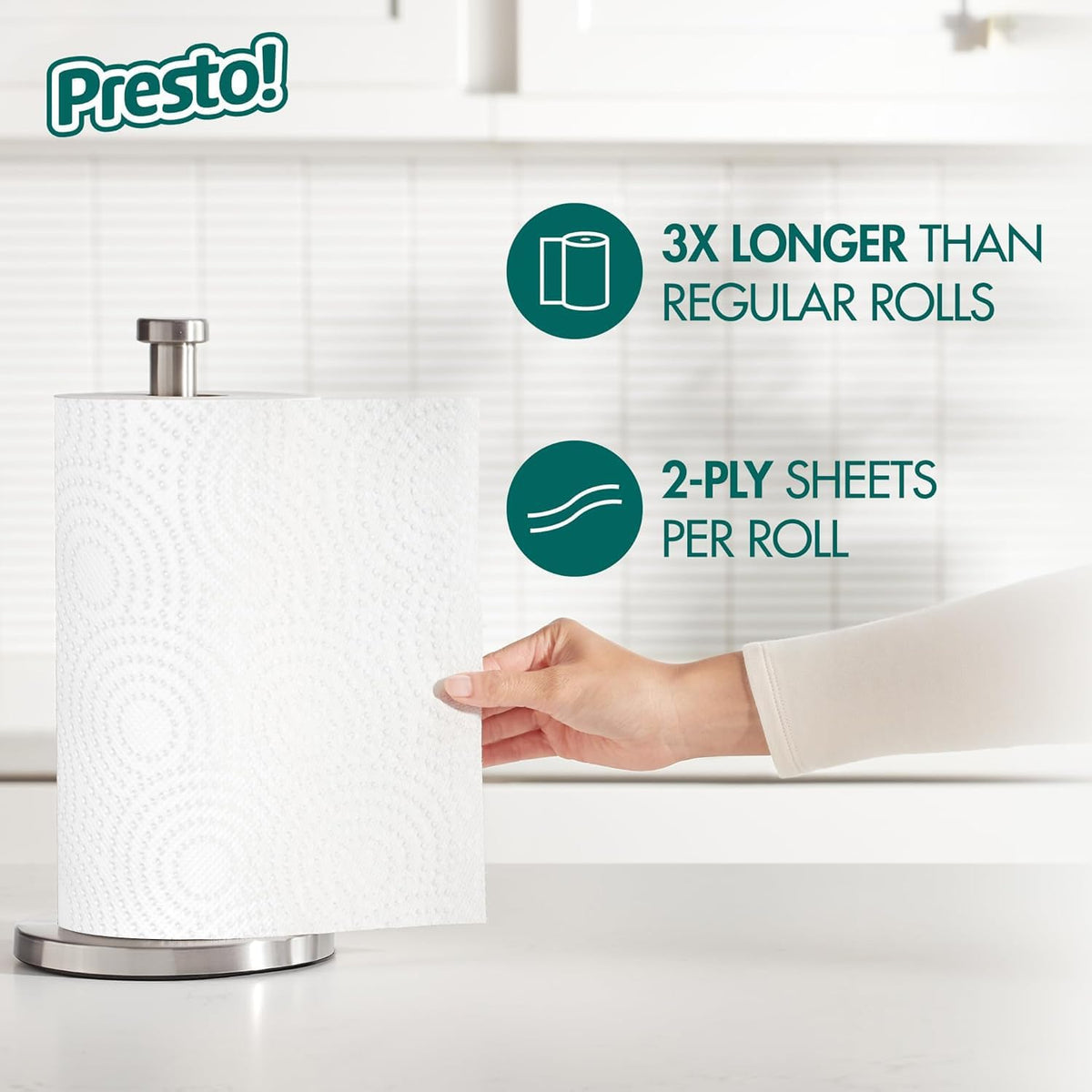 Amazon Brand - Presto! Flex-a-Size Kitchen Paper Towels, 2-Ply, Strong and Absorbent, 128 Sheet Family Roll, 2 Rolls