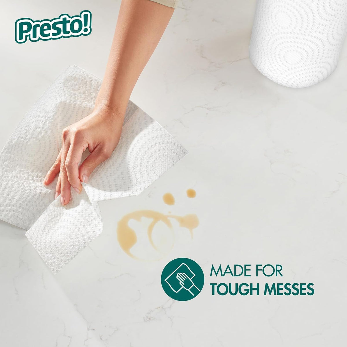 Amazon Brand - Presto! Flex-a-Size Kitchen Paper Towels, 2-Ply, Strong and Absorbent, 128 Sheet Family Roll, 2 Rolls