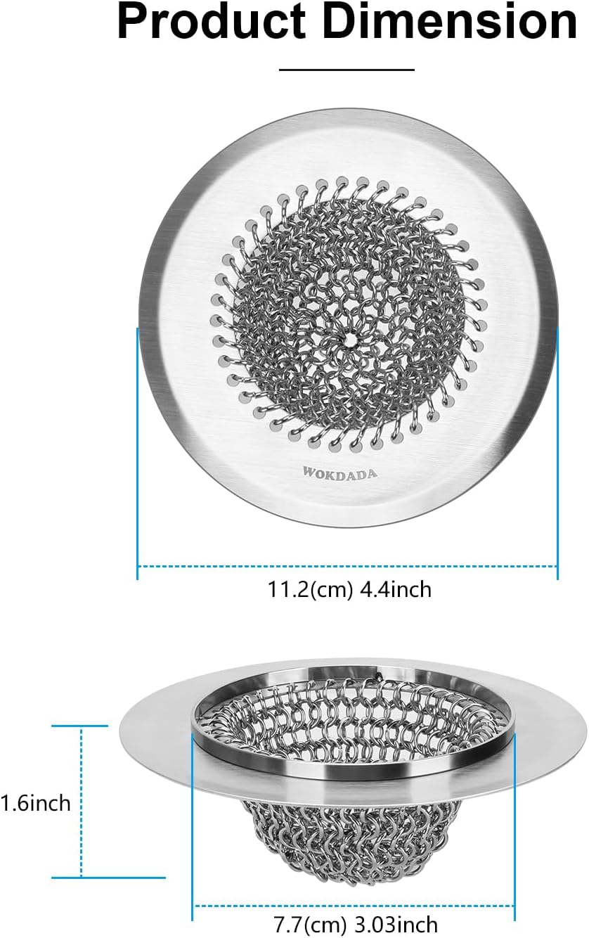 WOKDADA Upgraded Sink Drain Strainer, Patented Reversible Chain Mail Mesh