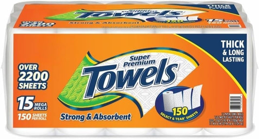 Paper Towels 2-Ply– 15 Mega Rolls, 150 Sheets per Roll, Select & Tear Sheets, Strong and Absorbent, Bulk Pack for Kitchen, Office, Cleaning – Thick & Long Lasting, Lint-Free Disposable Towels