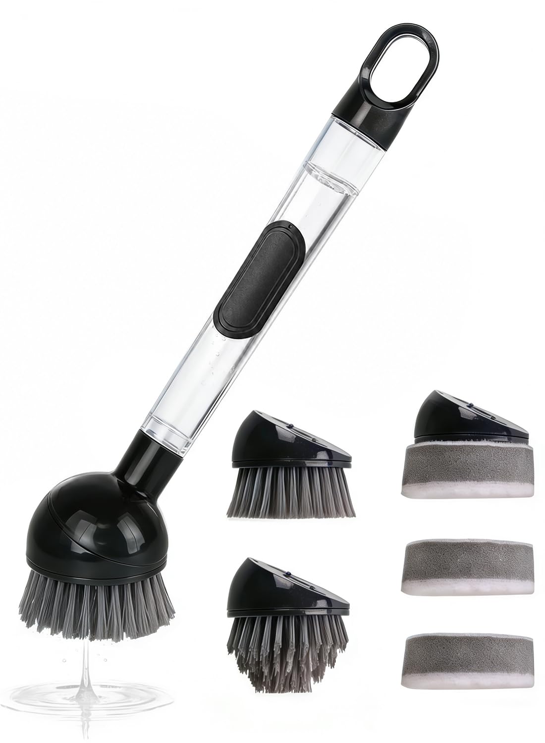Soap Dispensing Dish Brush with Handle, 360° Rotating Head, 5-Piece Kitchen Cleaning Set (2 Brush Heads & 3 Sponges), Non-Scratch Scrubber for Pot, Pan, Sink, Leak-Proof Dishwand, Grey