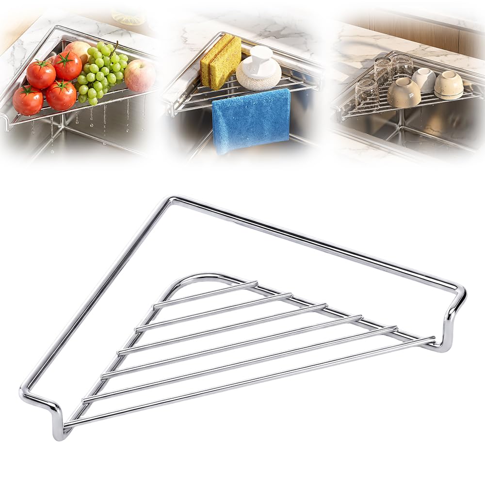YAUNJI Stainless Steel Corner Sink Shelf, 2026 New Stainless Steel Corner Sink Drying Rack for Home Kitchen, Triangular Drying Rack for Organizer Storage Sponge Holder Cloth Brush (1)