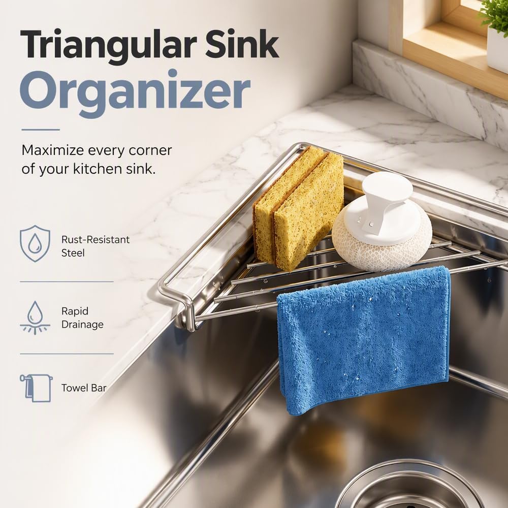 YAUNJI Stainless Steel Corner Sink Shelf, 2026 New Stainless Steel Corner Sink Drying Rack for Home Kitchen, Triangular Drying Rack for Organizer Storage Sponge Holder Cloth Brush (1)