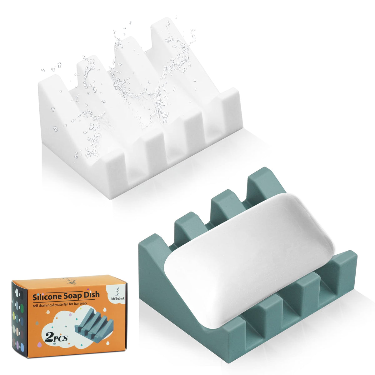 Self Draining Silicone Soap Dish Holder Waterfall Tray, 2 Pack Black