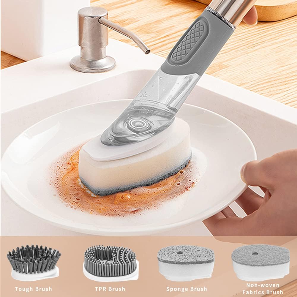 4-in-1 Dish Cleaning Brush Soap Dispensing Dish Brush Set with 4 Replacement Heads and Storage Holder, Kitchen Scrub Brush for Dish Pot Pan Sink Cleaning (Grey)