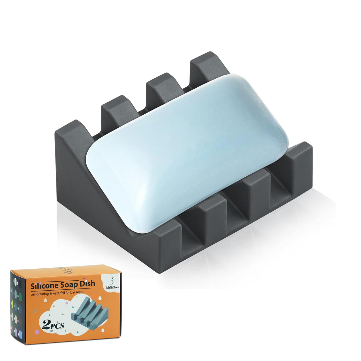Self Draining Silicone Soap Dish Holder Waterfall Tray, 2 Pack Black