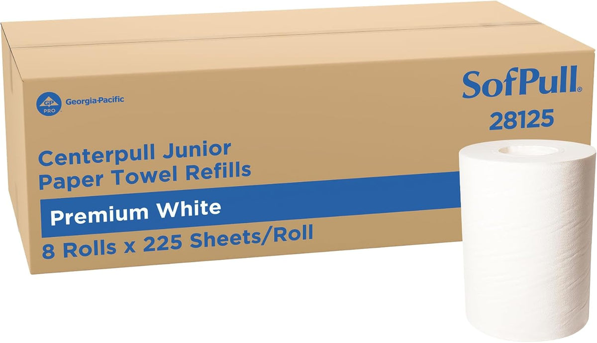 Georgia-Pacific SofPull Junior Centerpull Premium Paper Towels, Commercial Bulk Dispenser Refills, 225 Sheets Per Roll, 8 Rolls Per Case, White, 28125