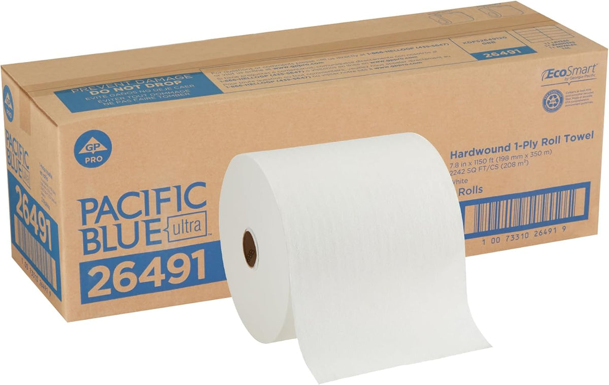 Georgia-Pacific, Pacific Blue Ultra 8'' High-Capacity Paper Towel Rolls, White, 26491, 1,150 Linear Feet Per Roll, 3 Rolls Per Case