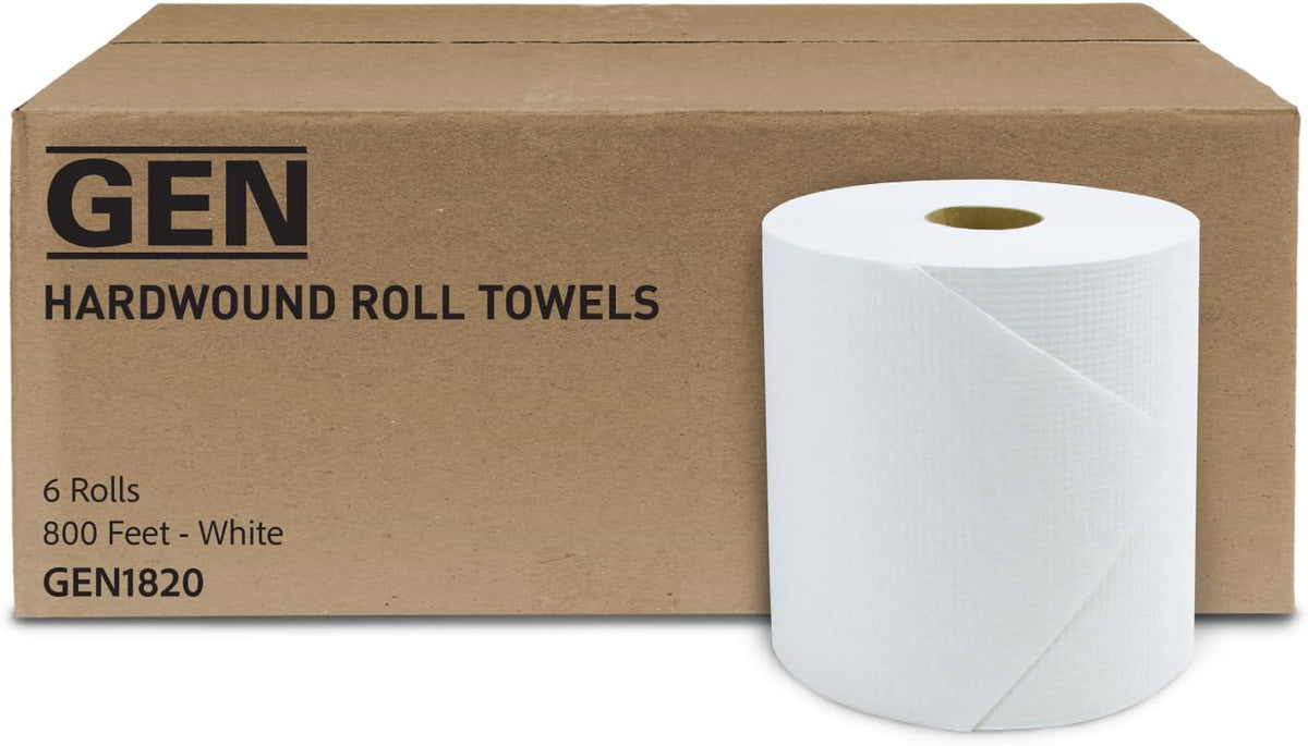 GEN Hardwound Roll Towels - White, 8-Inch x 800 ft, 6 Rolls/Carton