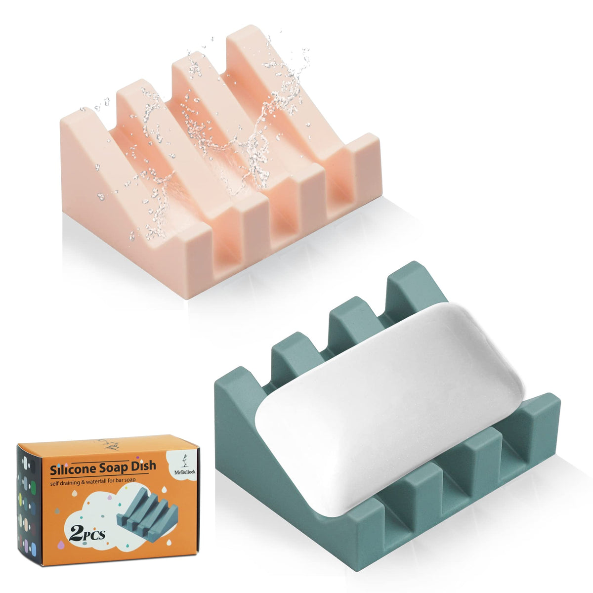 Self Draining Silicone Soap Dish Holder Waterfall Tray, 2 Pack Black