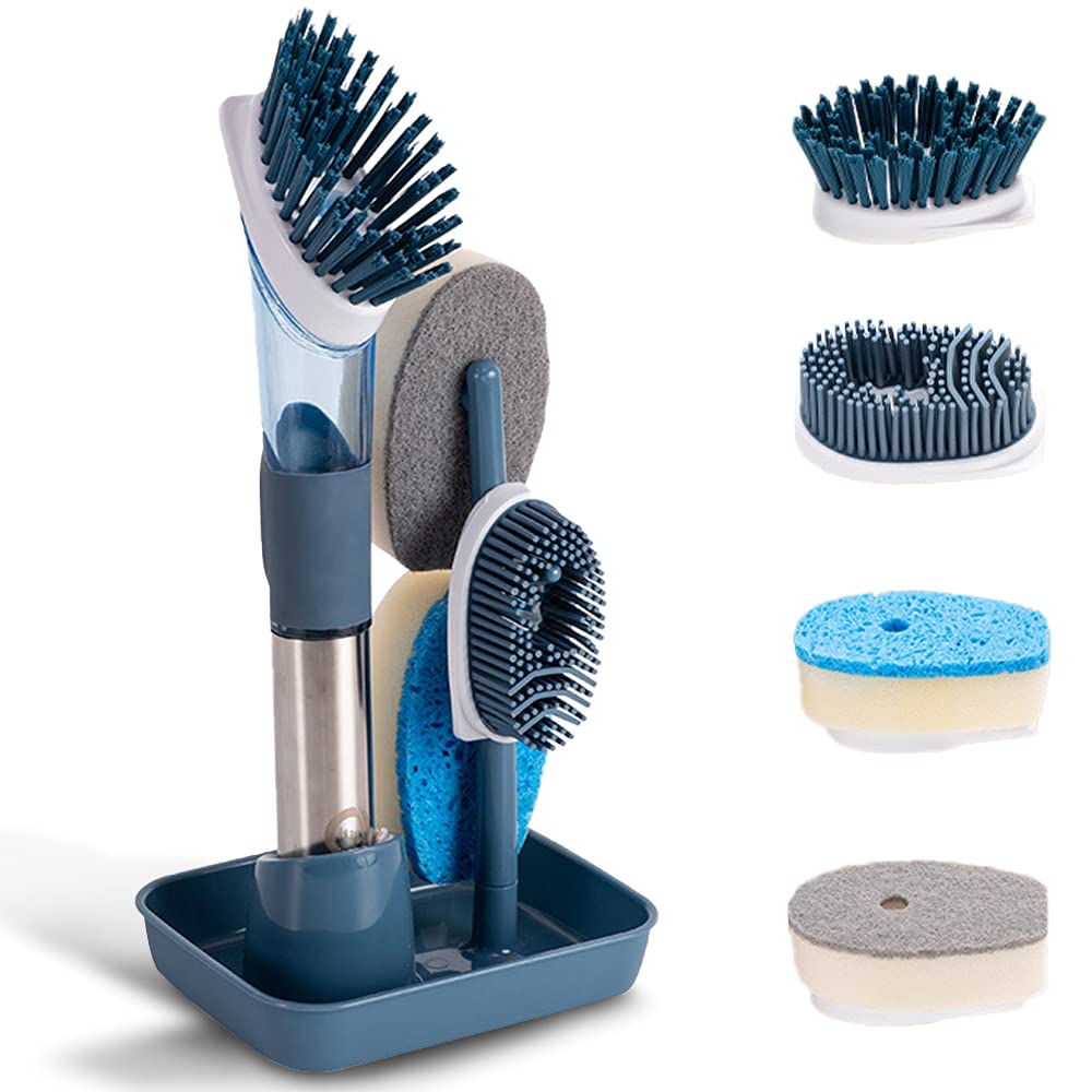 4-in-1 Dish Cleaning Brush Soap Dispensing Dish Brush Set with 4 Replacement Heads and Storage Holder, Kitchen Scrub Brush for Dish Pot Pan Sink Cleaning (Grey)