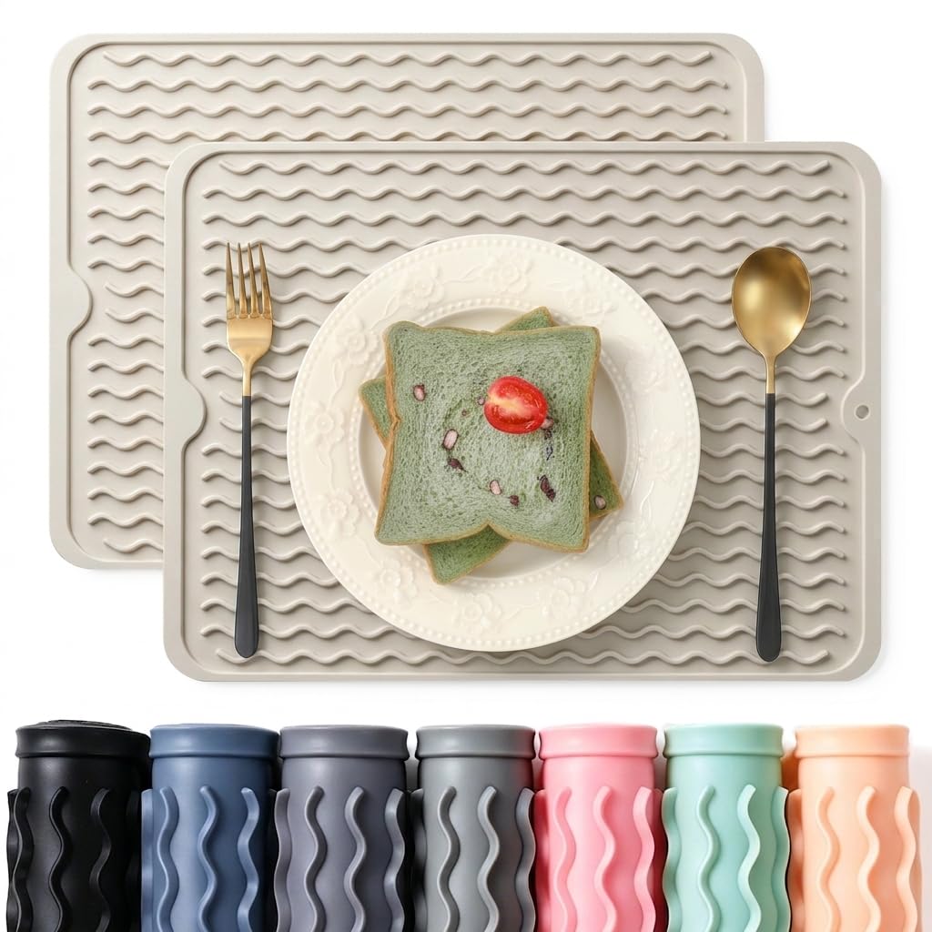 2 Pack Caketime Silicone Dish Drying Mat for Kitchen Counter Heat Resistant Under Sink Waterproof Coffee Bar Accessories Dining Rack Stone Utensil Holder Countertop Decor Must Haves 2026