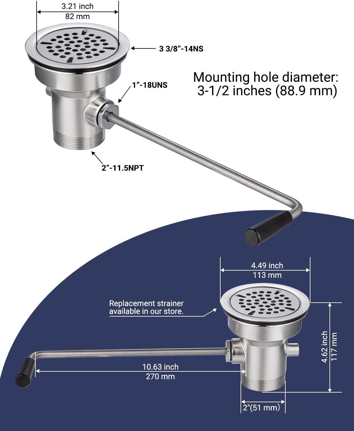 3-1/2" Commercial Sink Drain NO-Overflow, Twist Handle Waste Drain Valve