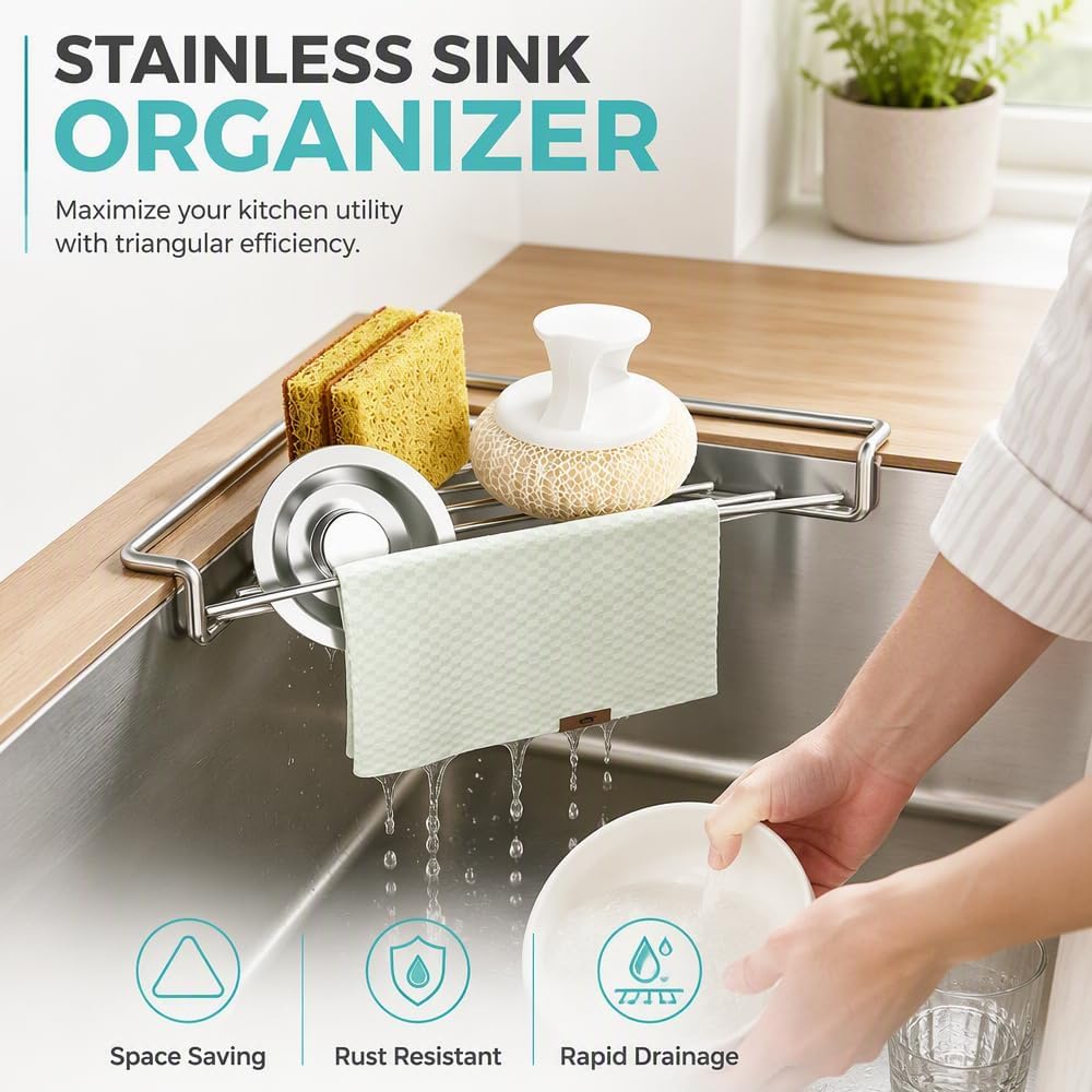 YAUNJI Stainless Steel Corner Sink Shelf, 2026 New Stainless Steel Corner Sink Drying Rack for Home Kitchen, Triangular Drying Rack for Organizer Storage Sponge Holder Cloth Brush (1)