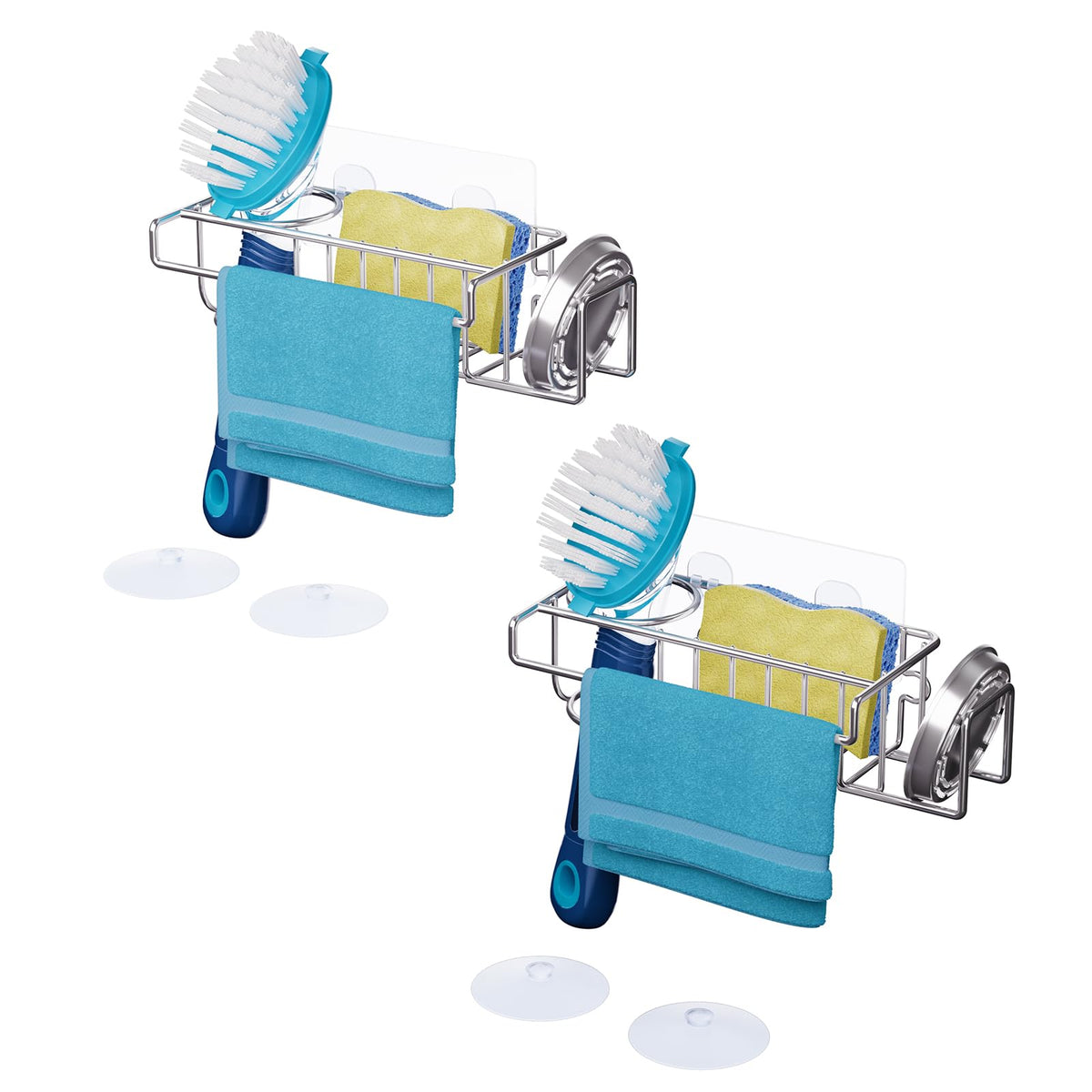 HapiRm 4 in 1 Sink Caddy Sponge Holder, SUS304 Stainless Steel Kitchen Brush Holder and Dish Cloth Hanger, Kitchen Organizers and Storage Essentials - Silver