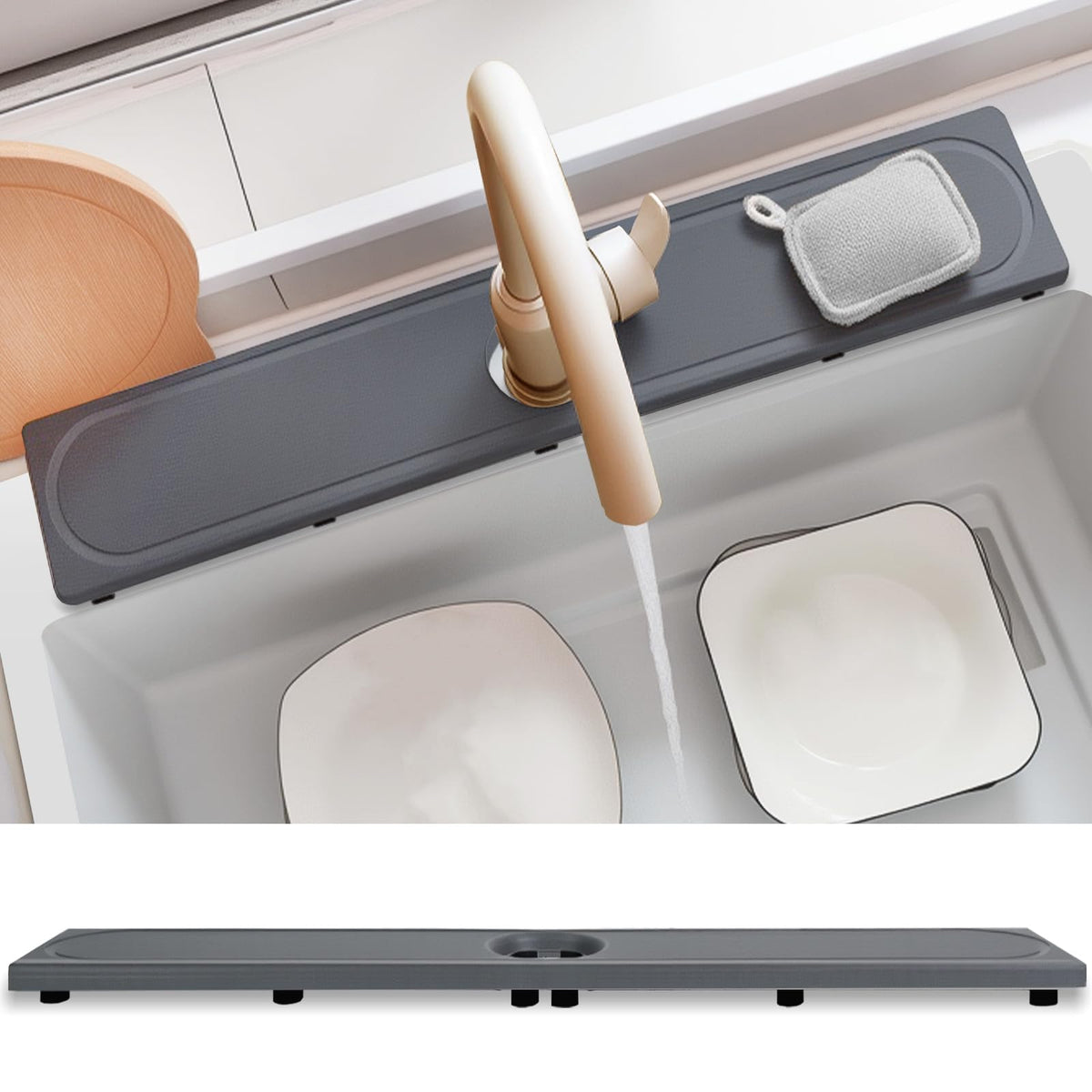Fast Drying Stone Faucet Mat for Kitchen Sink with Raised Feet, Water Absorbent Diatomite Stone Sink Tray, Faucet Sink Splash Guard, Prevents Moisture Buildup, Durable Protector for Bathroom Counter