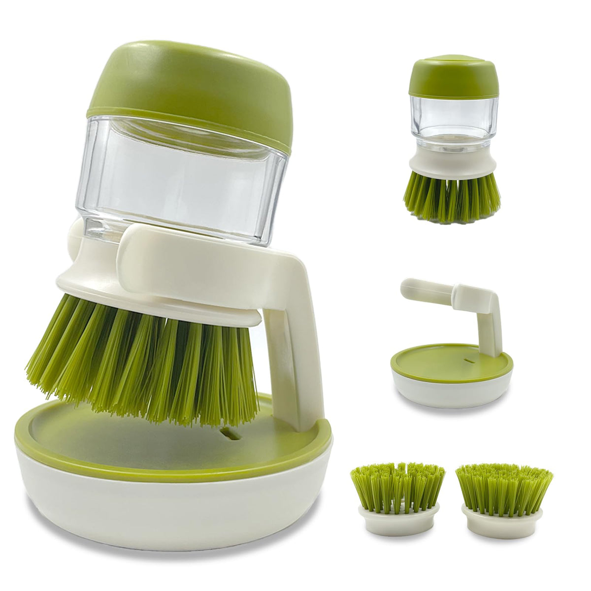 Soap Dispenser Dish Brush Palm Brush Scrub Brush Equipped with Storage Bracket and Drainage Base,Easy to Clean Kitchen Utensils and Sink, Includes a Replaceable Brush（Green）