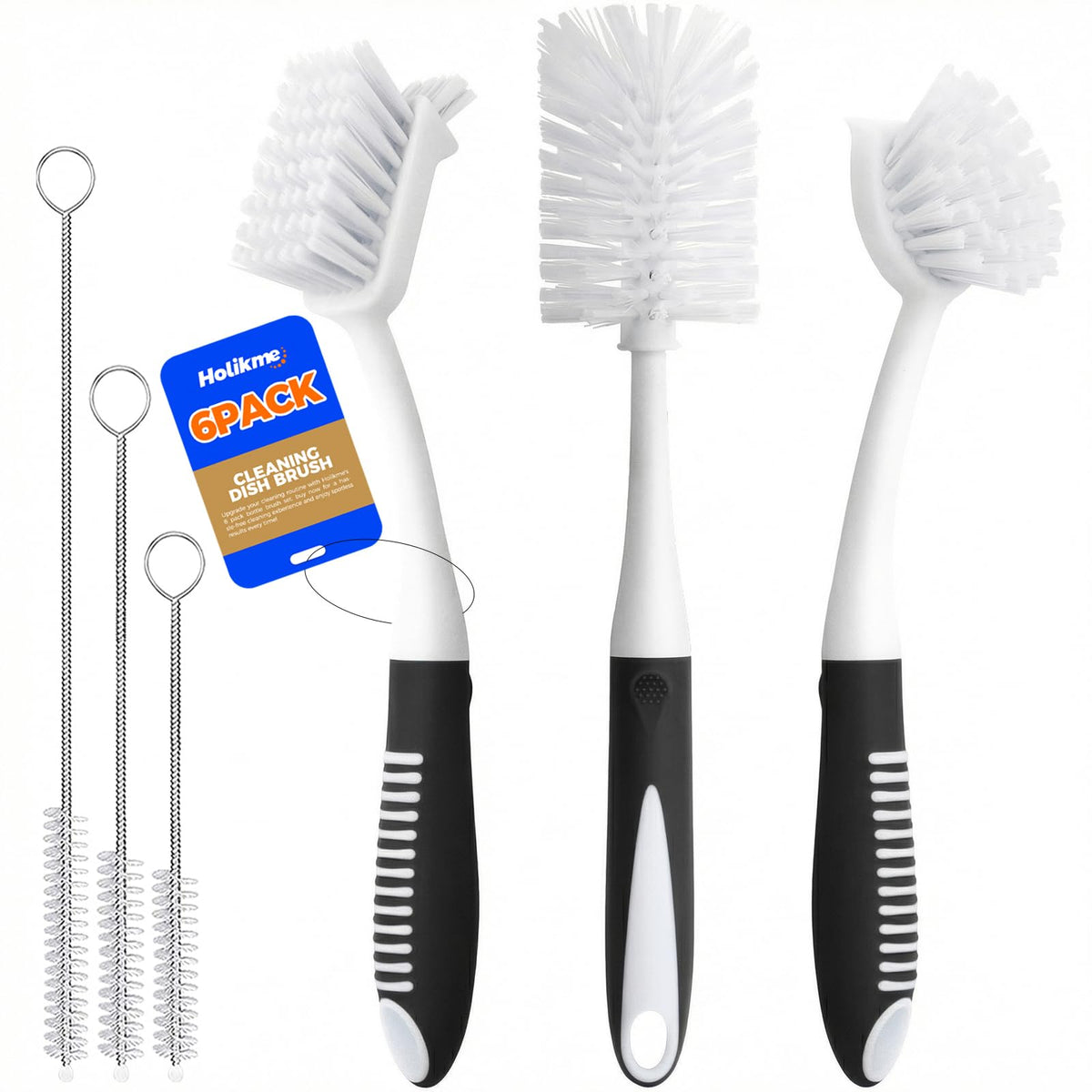 Holikme 6 Pack Dish Brush Set with Bottle Brush, Dish Scrub Brush,Gray