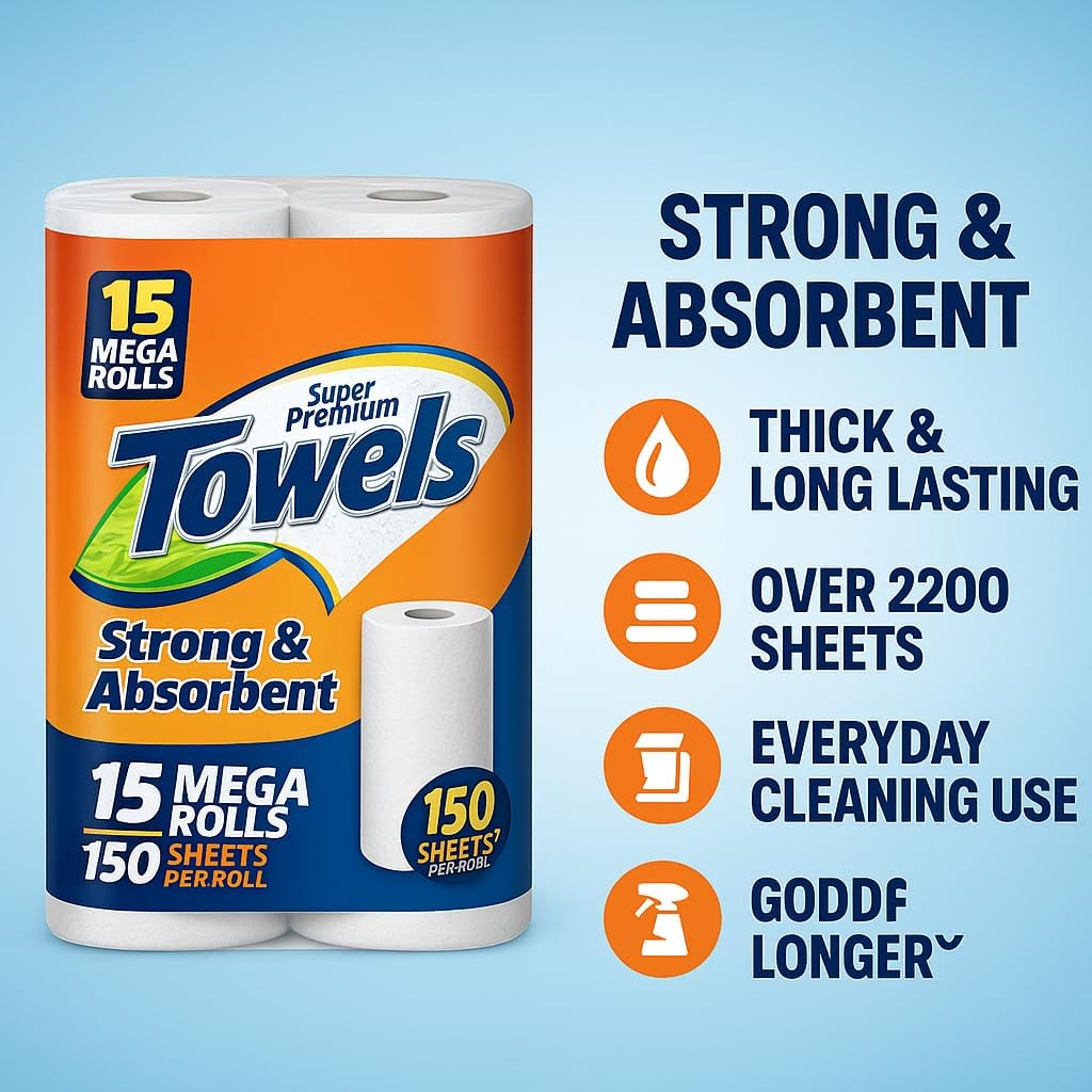 Paper Towels 2-Ply– 15 Mega Rolls, 150 Sheets per Roll, Select & Tear Sheets, Strong and Absorbent, Bulk Pack for Kitchen, Office, Cleaning – Thick & Long Lasting, Lint-Free Disposable Towels