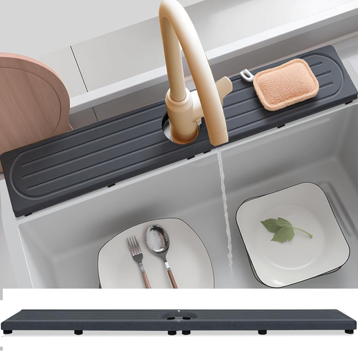 Fast Drying Stone Faucet Mat for Kitchen Sink with Raised Feet, Water Absorbent Diatomite Stone Sink Tray, Faucet Sink Splash Guard, Prevents Moisture Buildup, Durable Protector for Bathroom Counter