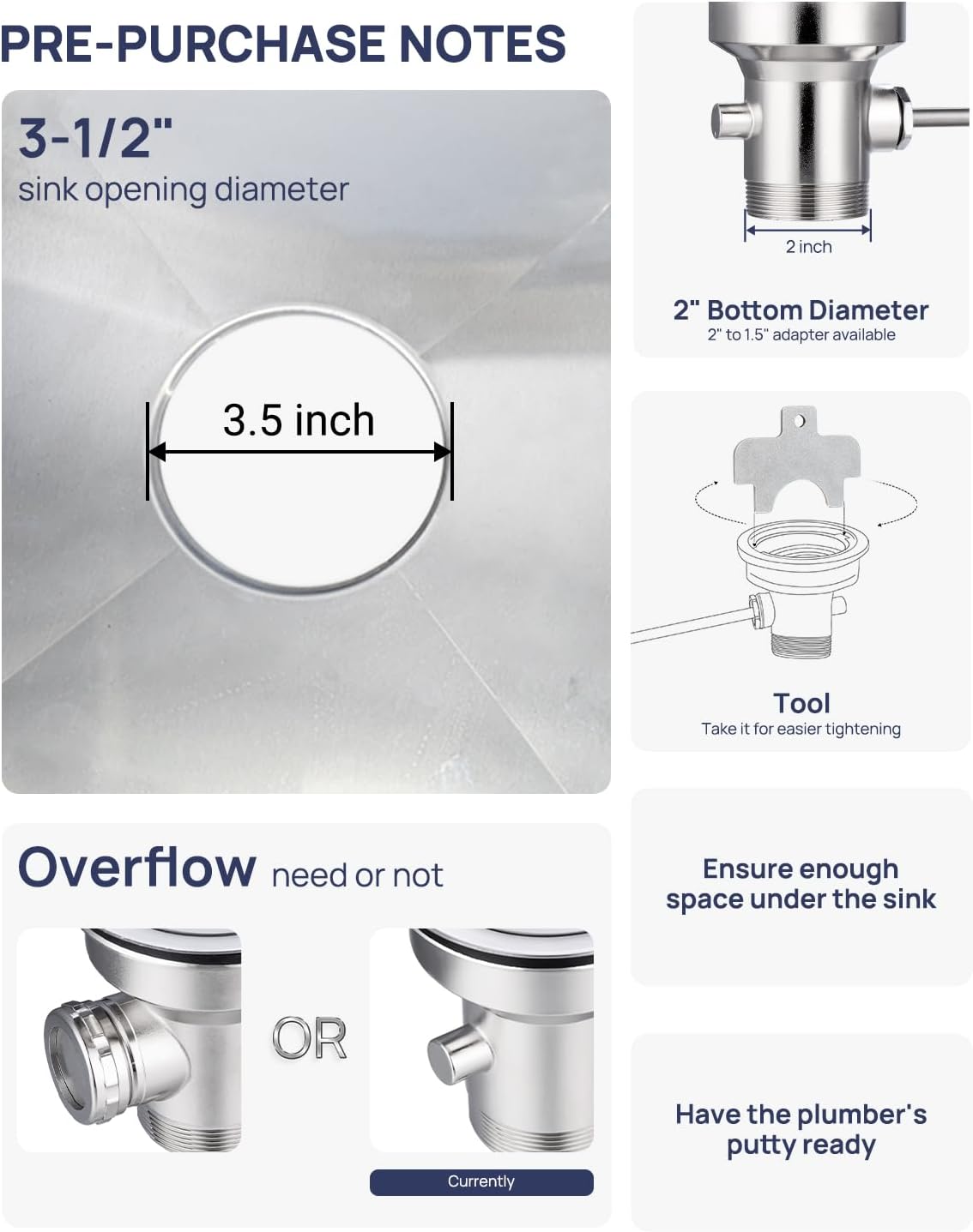 3-1/2" Commercial Sink Drain NO-Overflow, Twist Handle Waste Drain Valve