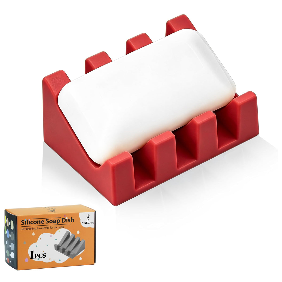 Self Draining Silicone Soap Dish Holder Waterfall Tray, 2 Pack Black