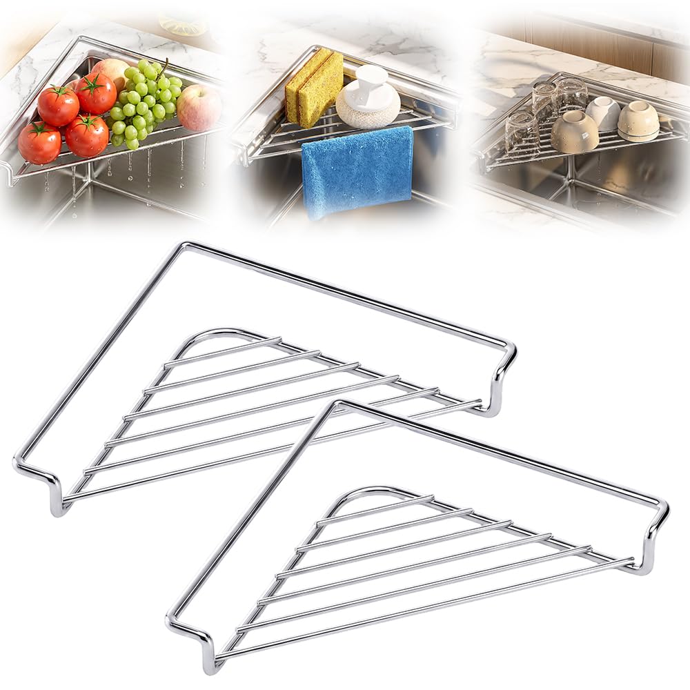 YAUNJI Stainless Steel Corner Sink Shelf, 2026 New Stainless Steel Corner Sink Drying Rack for Home Kitchen, Triangular Drying Rack for Organizer Storage Sponge Holder Cloth Brush (1)
