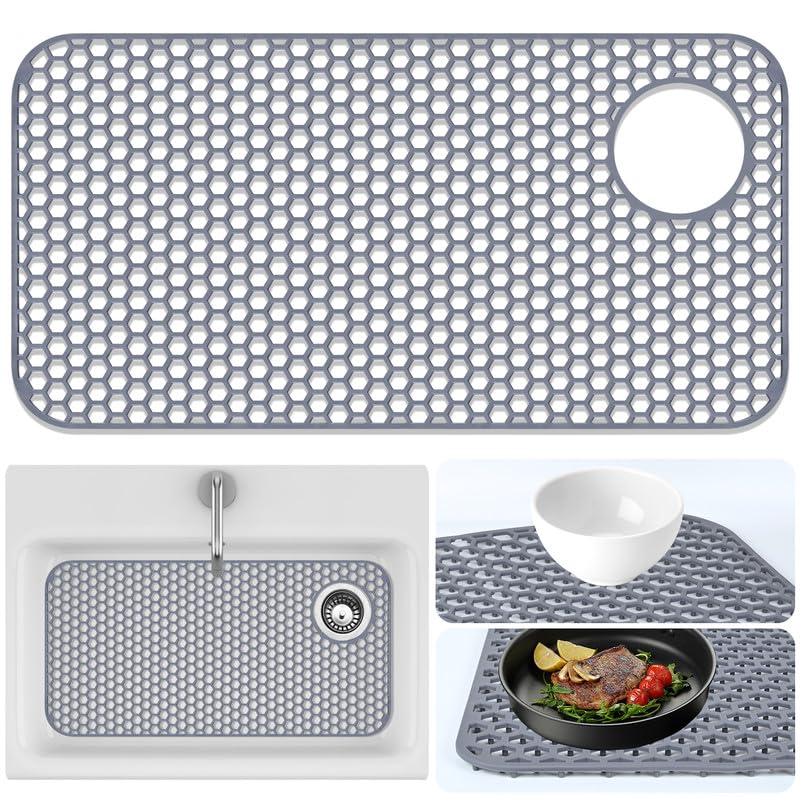 Sink Protectors Mat - 25.79"x13.98" Kitchen Sink Pad for Bottom of Basin for Protection of Stainless Steel and Tableware, Farmhouse Rubber Basin Mat Protector with Center Drain - Light Gray
