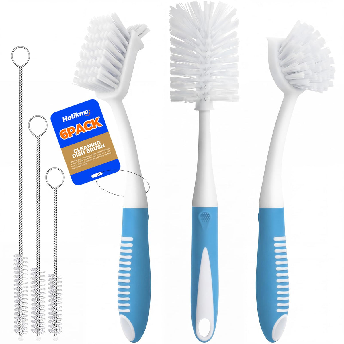 Holikme 6 Pack Dish Brush Set with Bottle Brush, Dish Scrub Brush,Gray