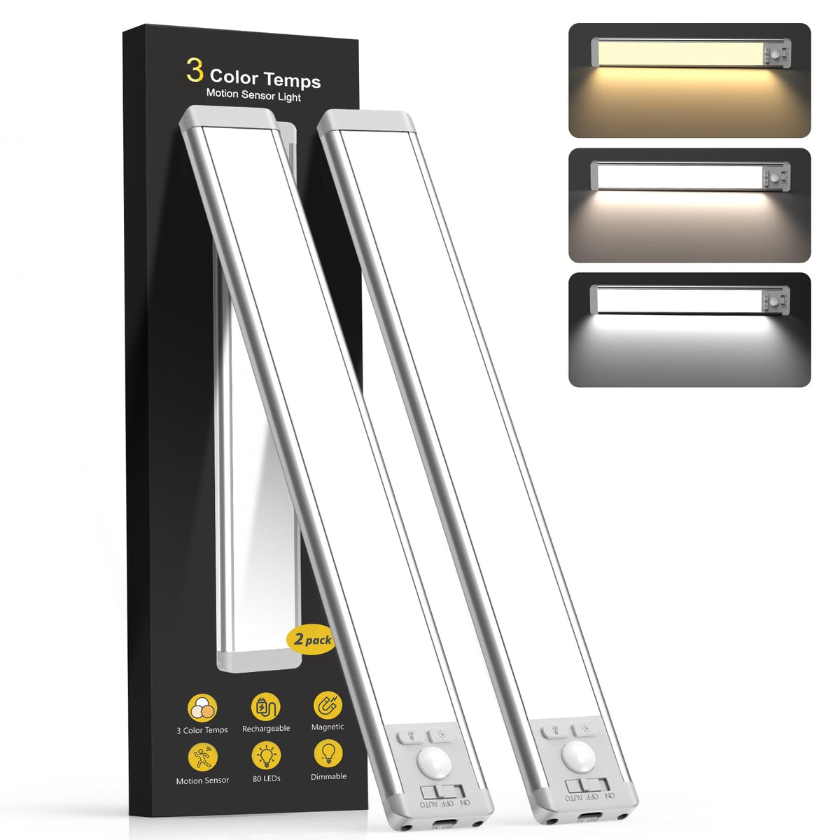 Under Cabinet Lighting, 14.7" Rechargeable Motion Sensor Light Indoor, 2 Pack Magnetic Dimmable Closet Lights, Wireless Under Counter Lights for Kitchen, Stairs,Hallway