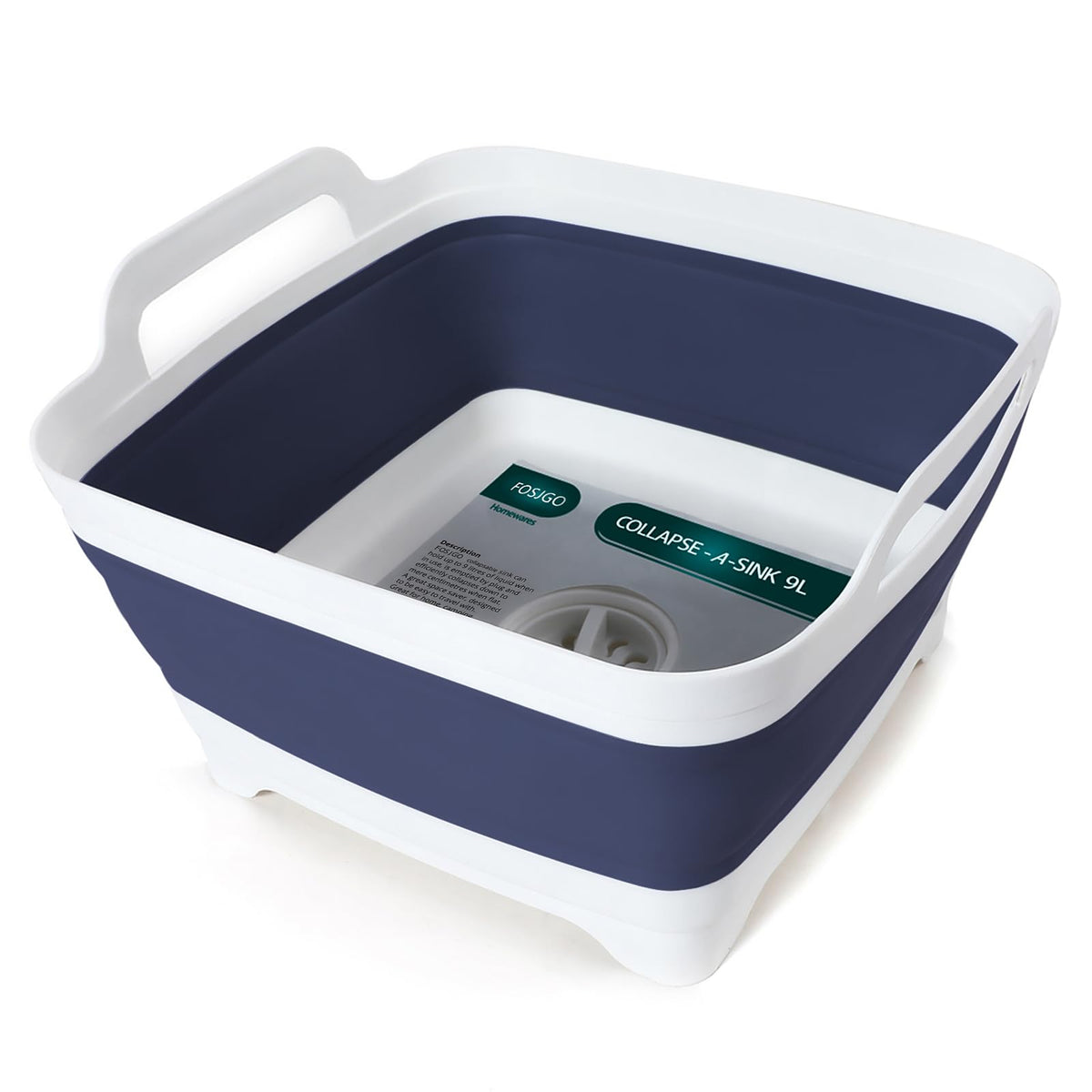 FOSJGO Collapsible Dish Basin with Drain Plug, Foldable Sink, 2.4 Gal (9L)