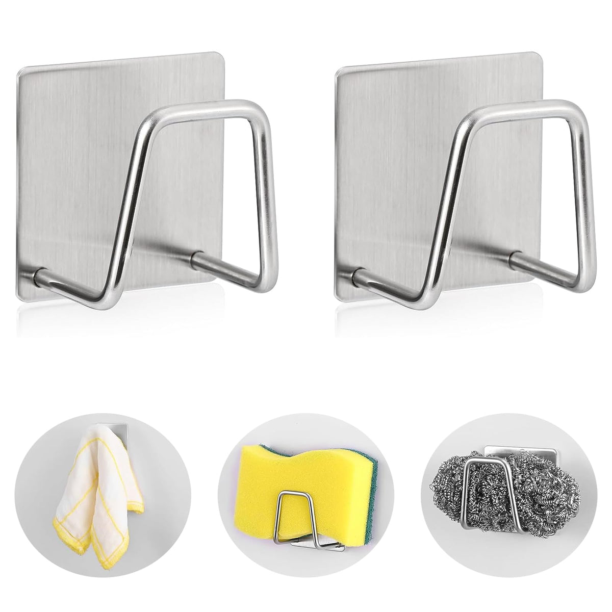 Luckyiren 2-Pack Stainless Steel Sponge Holder for Kitchen Sink - Rustproof Brushed SUS304 Sponge Caddy Organizer, Wall/Surface Mount, Drainage Design, Clutter-Free Storage