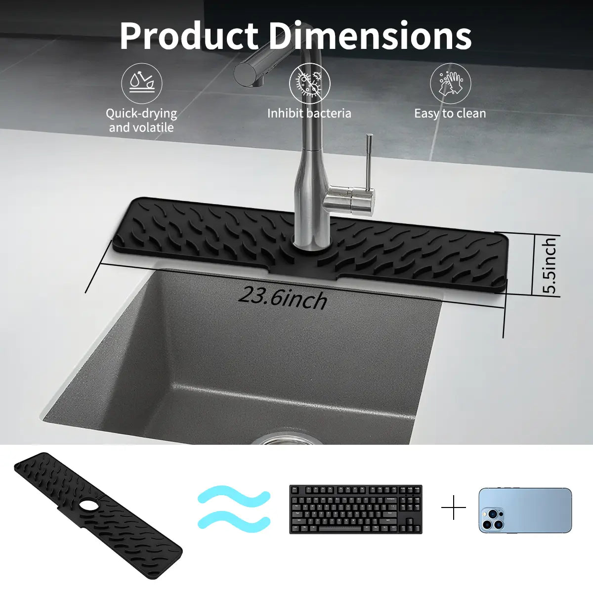 Silicone Faucet Drying Mat - 23.6in Extra Long Kitchen Countertop Protector, 7° Slope Drainage, Water Drains to Sink, Sink Splash Guard for Sponge, Cup, Soap (1-Pack, Black/Grey), Silicone Sink Protector, Kitchen Countertops