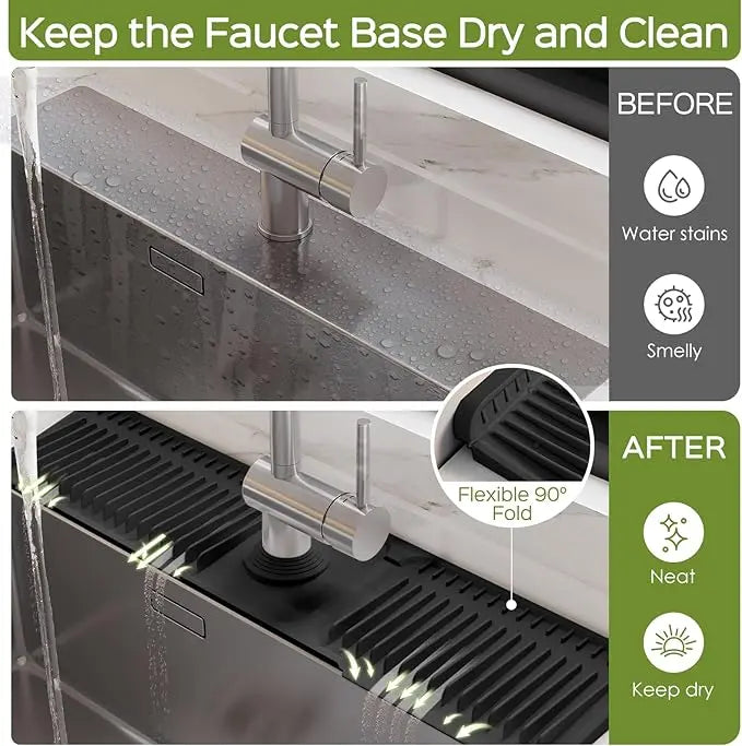 24in Wide Cover Silicone Kitchen Sink Faucet Mat, 5° Slope Fast Self-Draining Splash Guard, Toothbrush Shelf for Sink Area Tidying, Durable For Daily Use