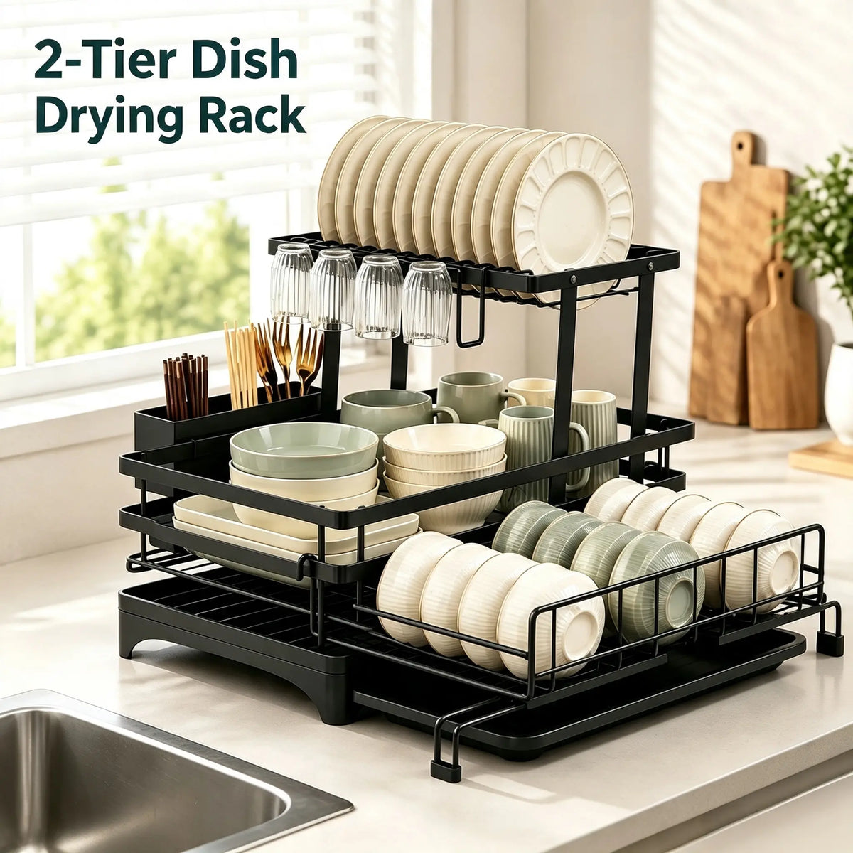Double-Layer Expandable Dish Drying Rack - Heavy Duty Rustproof Multi-Tiered Sink Rack Draining Boards, Kitchen Organizer with Automatic Water Drainage, Utensil Storage, Fits Countertops/Sinks, Ideal for Small Apartments & Families (House Organizers), Apa