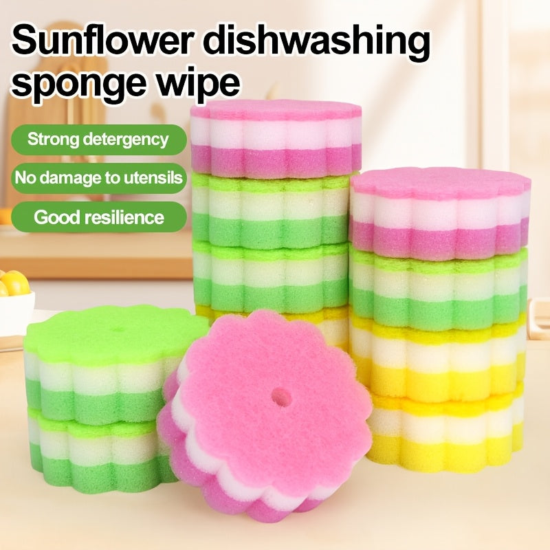 6/12/20pcs Colorful Three-Layer Sunflower Cleaning Sponges, Dish Cloths, Thick Scouring Pads, Cleaning Brushes, Cleaning Tools, Super Absorbent Dish And Pot Brushes, Easy to Clean, Oil-Resistant, Quick Stain Removal, Cleaning Magic Tool Random Color