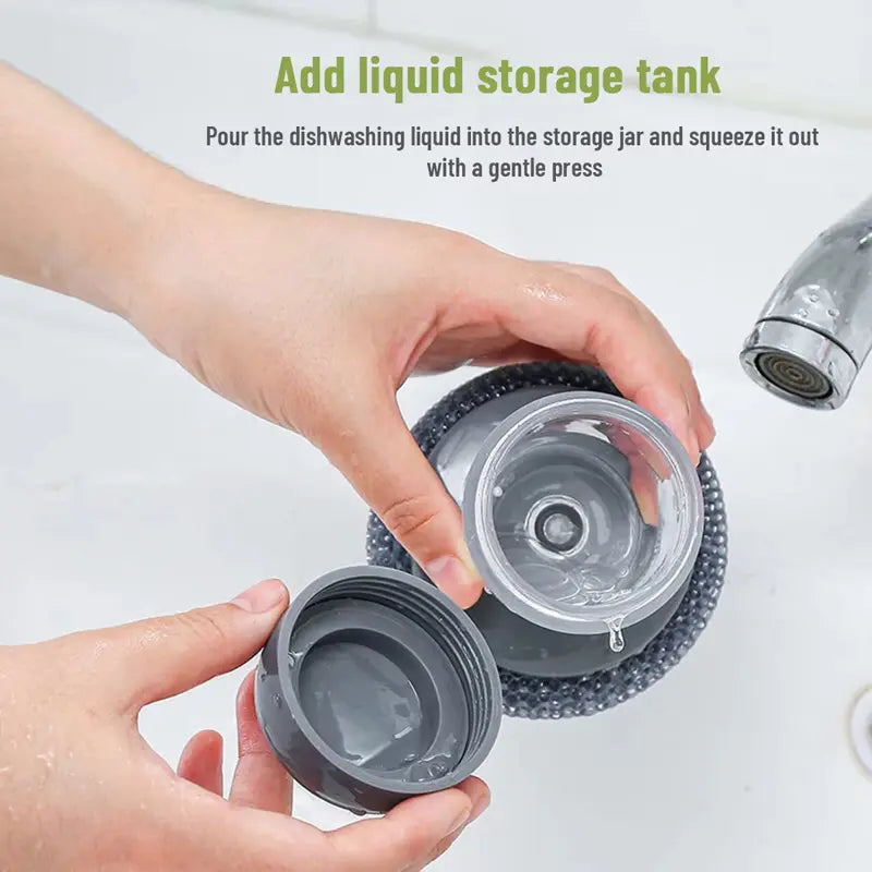 Palm Handle Automatic Liquid-Filling Plastic Soap Dispensing Brush - Sponge-Integrated Kitchen Home Cleaning Tool with Squeegee, Detachable Head Clean, Removable Washable for Sink Stove Tough Stain Grease Removal, Gentle Soap Flow
