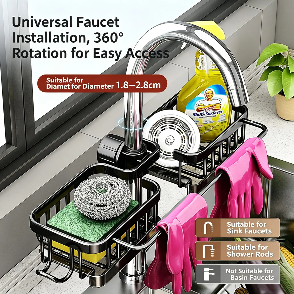 Sink Organizer Rack,Hanging Faucet Drain Rack with Drip Tray Stainless Steel Detachable Sink Faucet Sponge Holder Over Faucet for Kitchen and Bathroom,Scrubbers, Soap,Brush