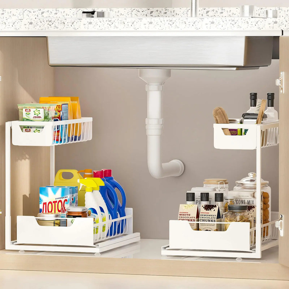Under Sink Organizer 2 Tier Pull Out CabinetOrganizer Slide Out Sink Shelf & Cabinet Organizerfor Kitchen Bathroom Cabinet Installation OrganizingSystem