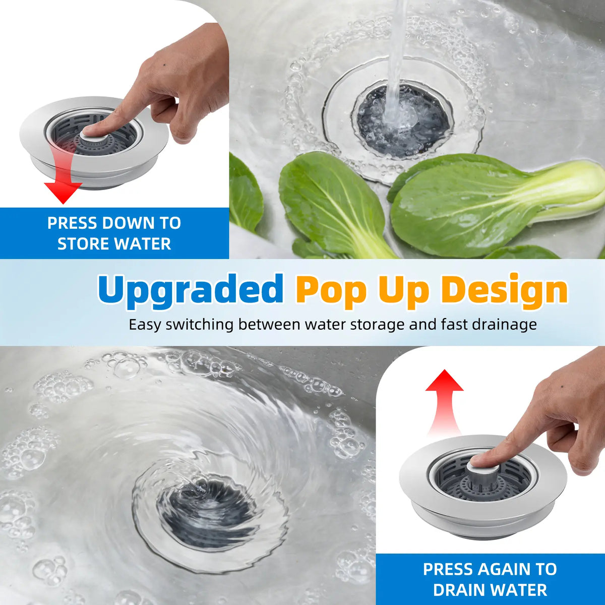 Hibbent Upgraded 3 in 1 Kitchen Sink Drain Strainer, Stainless Steel Pop Up Sink Stopper, Larger Anti-Clogging Basket, 3-Layer Seal, Detachable Drain Plug for US Standard 3-1/2" Drain, Brushed Nickel