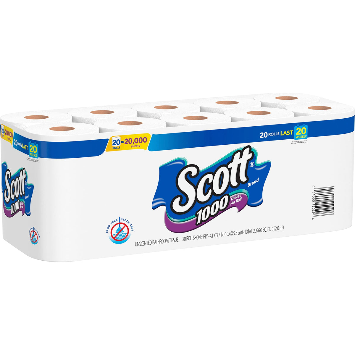 Scott 1000 Toilet Paper, 8 Rolls, Septic-Safe, 1-Ply Toilet Tissue