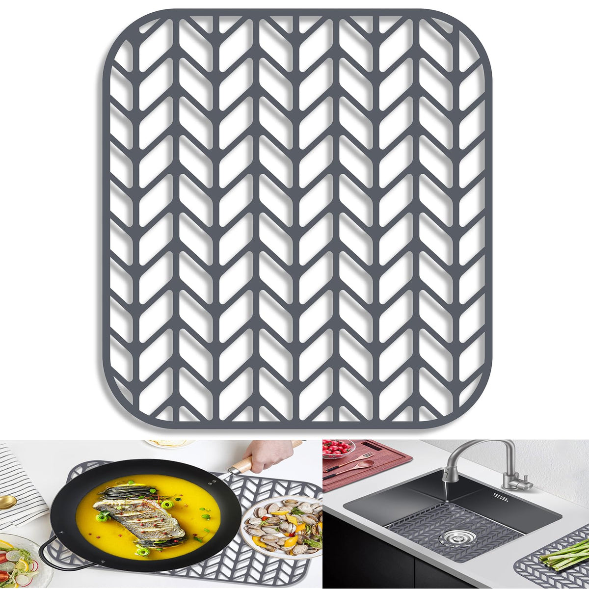 AWOKE Silicone Sink Protectors for Kitchen Sink, 12" x 11" Mat for bottom of sink, Center Drain Hole, Protect from Stains, Scratches, Dishwasher Safe Grid for Kitchen (2 Pack, Gray)