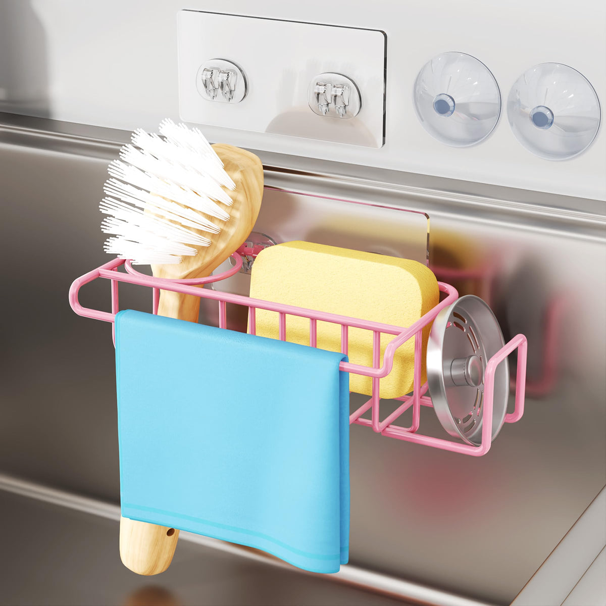 HapiRm 4 in 1 Sink Caddy Sponge Holder, SUS304 Stainless Steel Kitchen Brush Holder and Dish Cloth Hanger, Kitchen Organizers and Storage Essentials - Silver