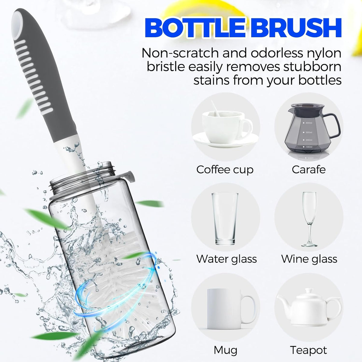 Holikme 6 Pack Dish Brush Set with Bottle Brush, Dish Scrub Brush,Gray