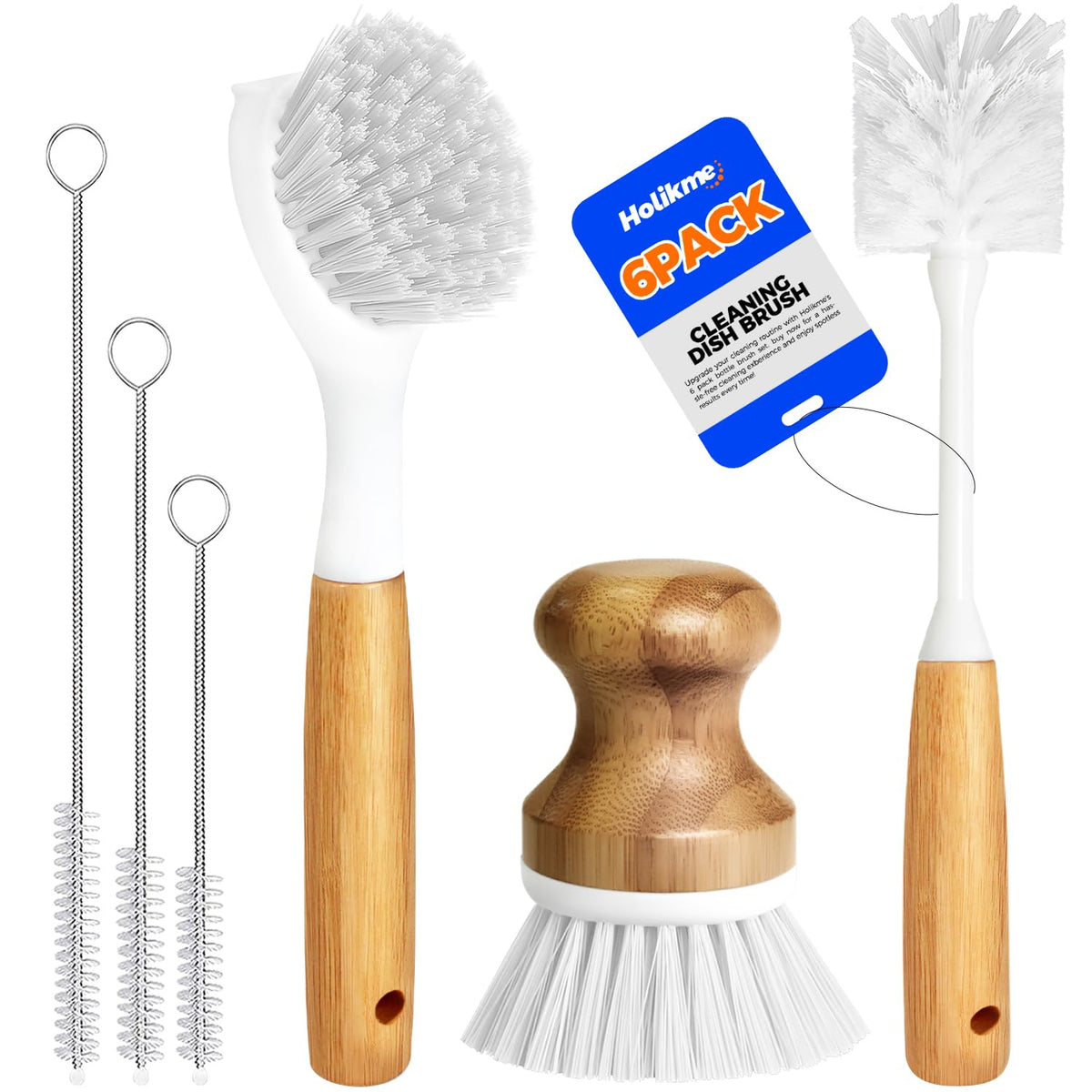 Holikme 6 Pack Dish Brush with Bottle Brush Scrub Brush Straw,Yellow