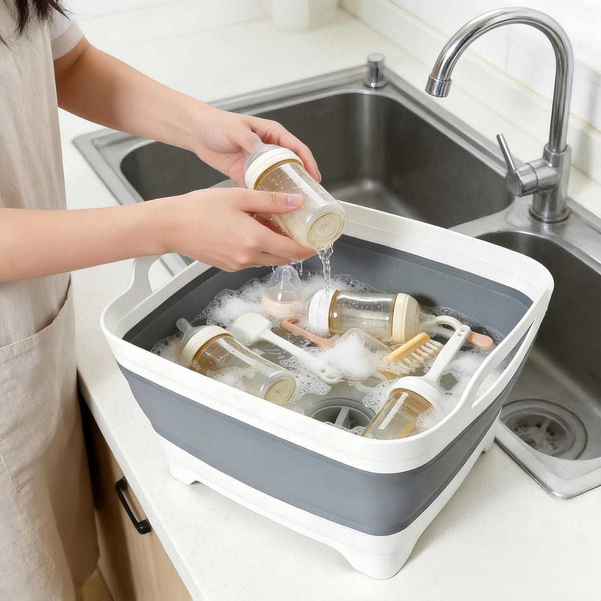 FOSJGO Collapsible Dish Basin with Drain Plug, Foldable Sink, 2.4 Gal (9L)