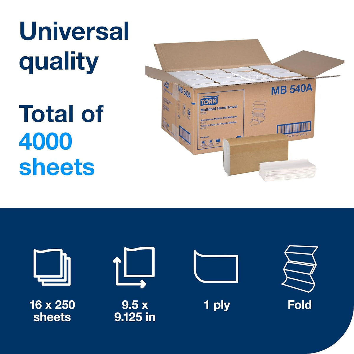 Tork Multifold Hand Towel White H2, 16 x 250 Towels, MB540A