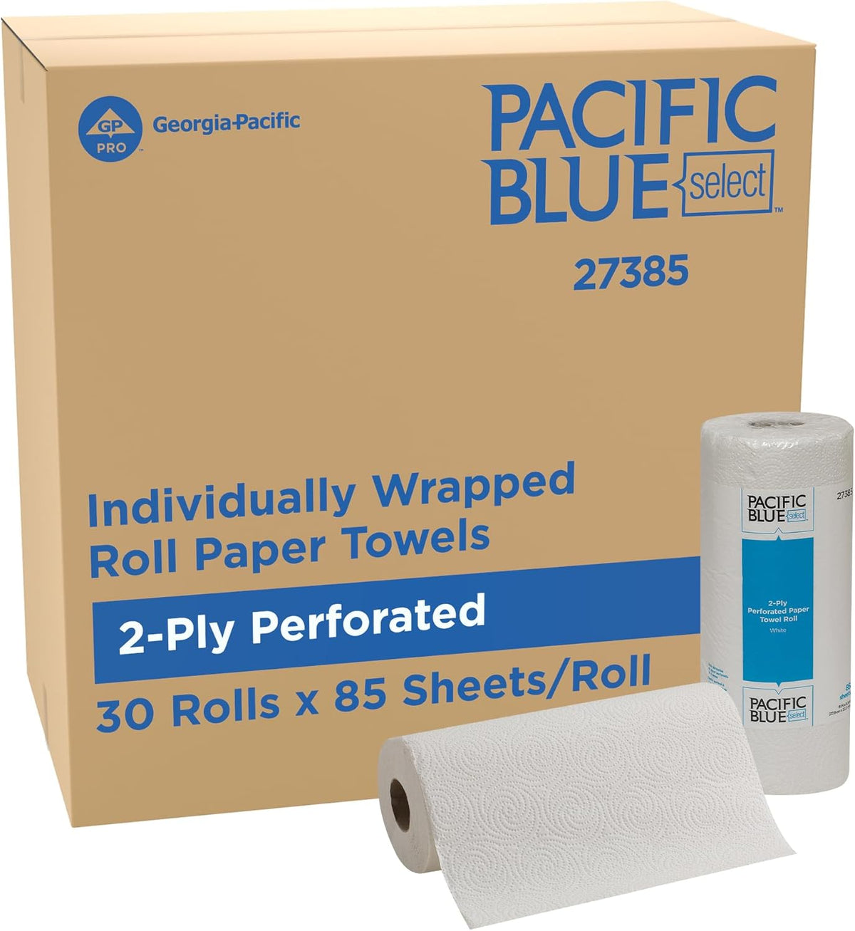 Pacific Blue Select by Georgia-Pacific PRO 2-Ply Perforated Roll Paper Towels, Individually Wrapped, White, 85 Sheets Per Roll, 30 Rolls Per Case, 27385