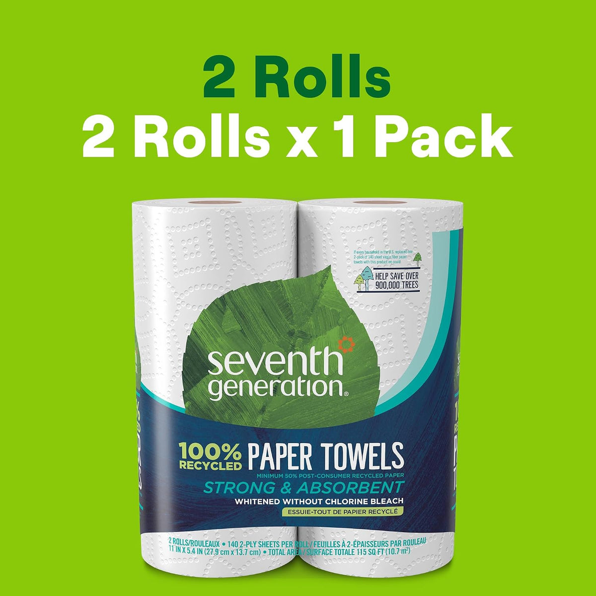 Seventh Generation 100% Recycled Paper Towels, 2 Regular Rolls, 140 2-Ply Sheets (White) Strong & Absorbent Paper towels for Kitchen, Bathroom & Everyday Cleaning, Whitened Without Chlorine Bleach