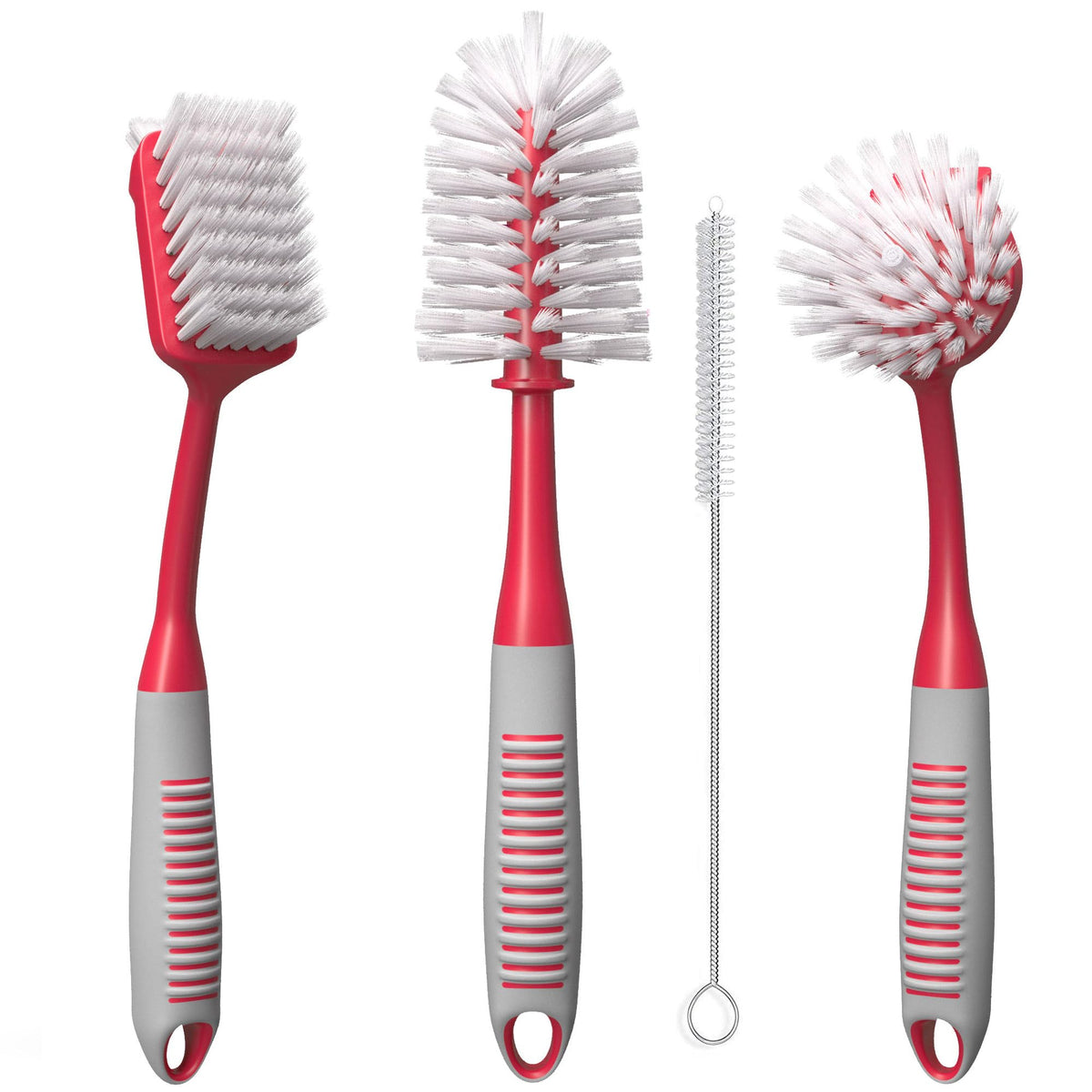Dish Brush Set of 5 with Holder - Kitchen Scrub Brushes with Non-Slip Long Handle for Cleaning, Scrubber, Dishwashing, Dishes, Bottles, Straws, Cups, Pots & Sink, Black